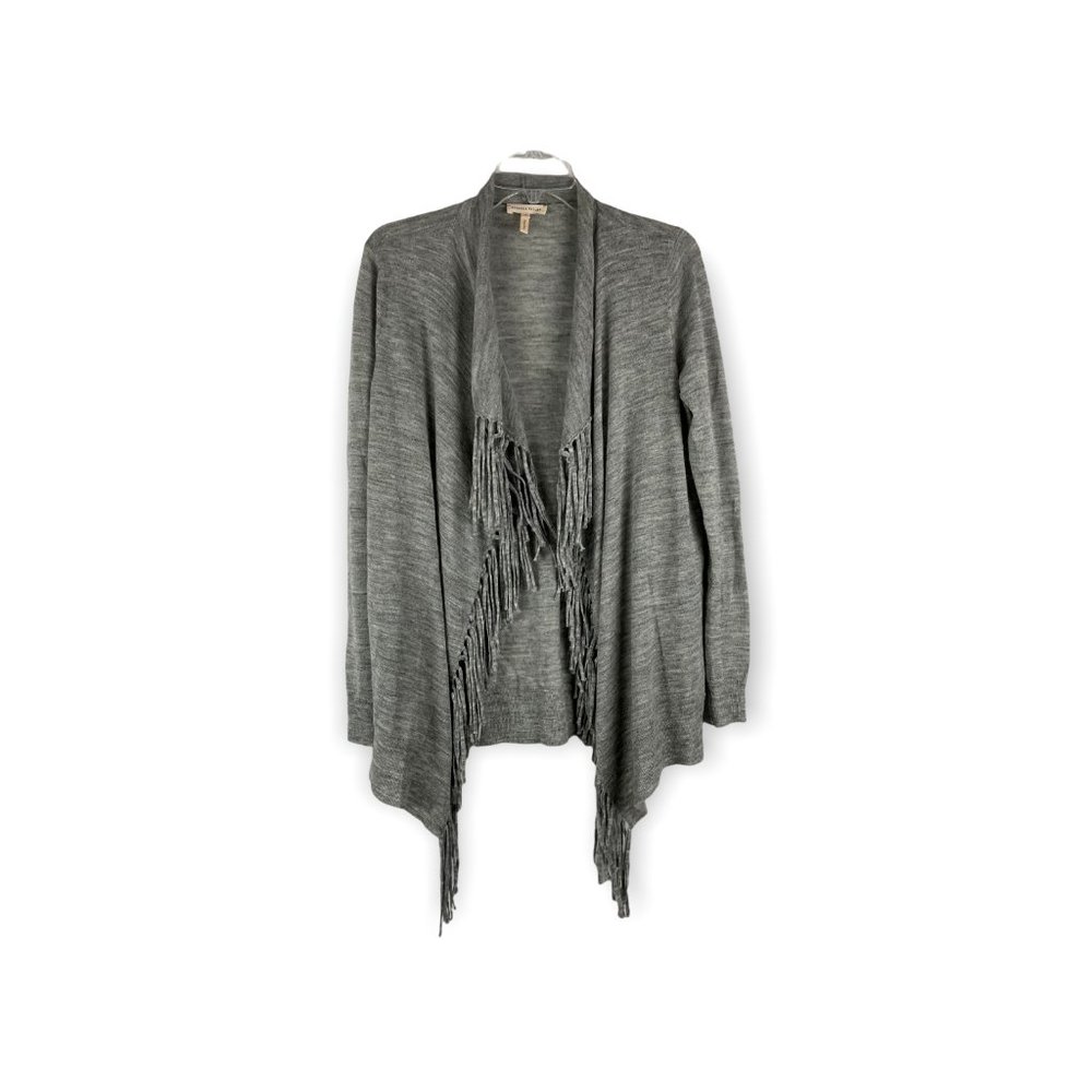 Rebecca Taylor Cardigan Open Front Fringe Pockets Gray